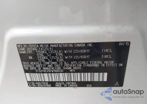 2015 Toyota Rav4 Le из США, поврежденный, VIN 2T3ZFREVXFW188030